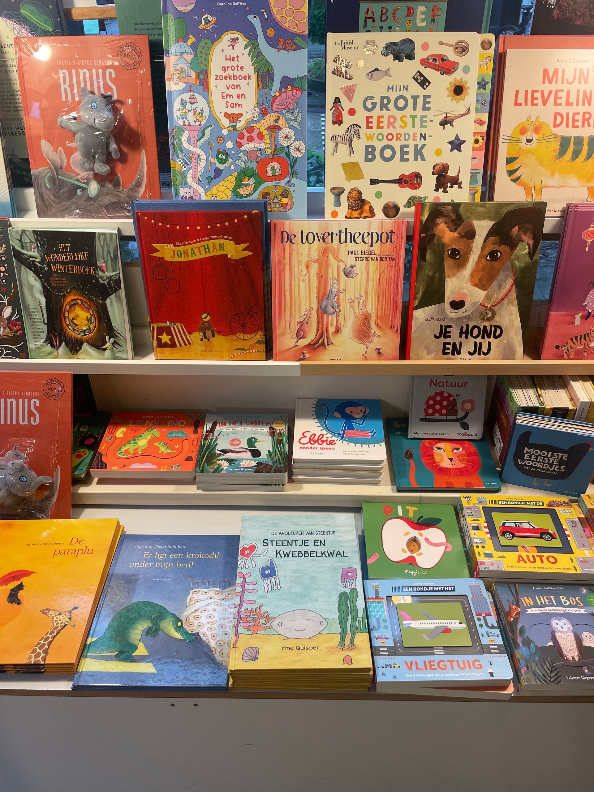 Boekenplanken vol kleurrijke kinderboeken in een boekwinkel.