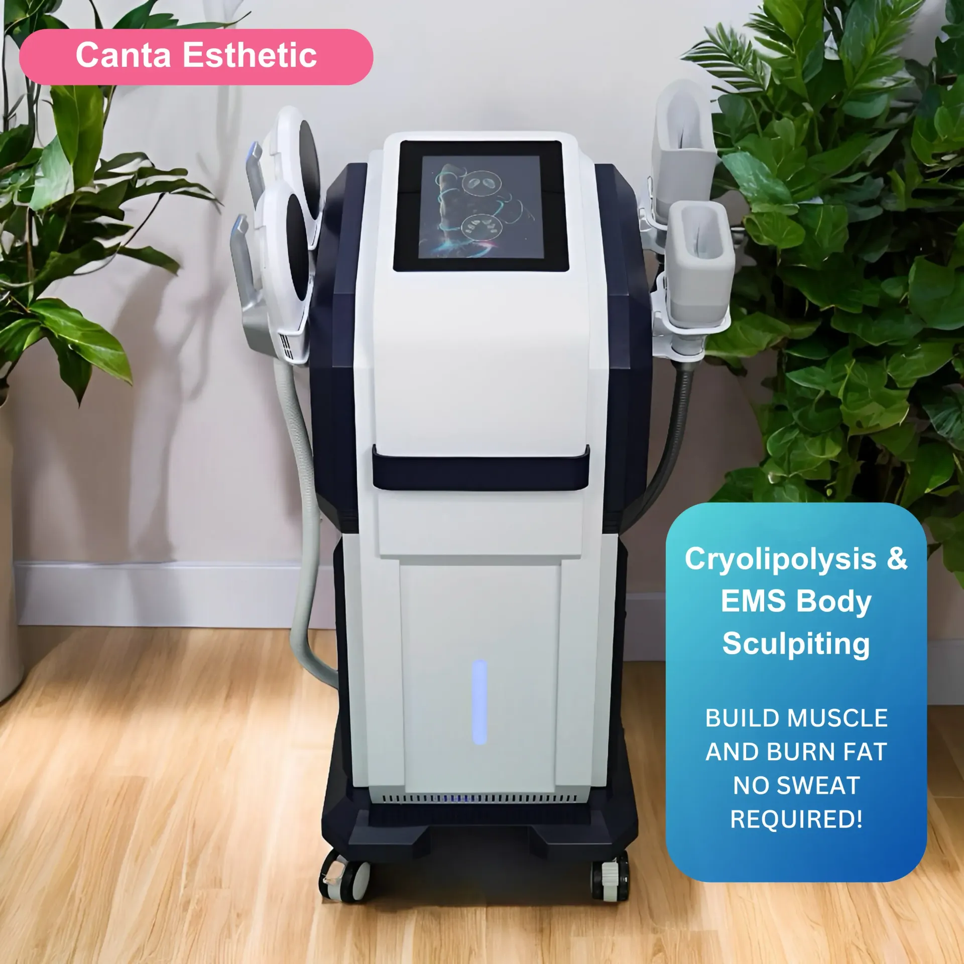 Body sculpting machine with attached applicators; text promotes cryolipolysis & EMS body sculpting.