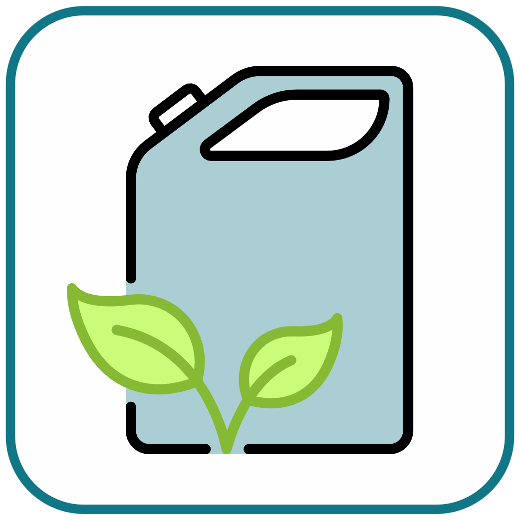 Light blue fuel container with green leaves, symbolizing biofuel or sustainable energy.
