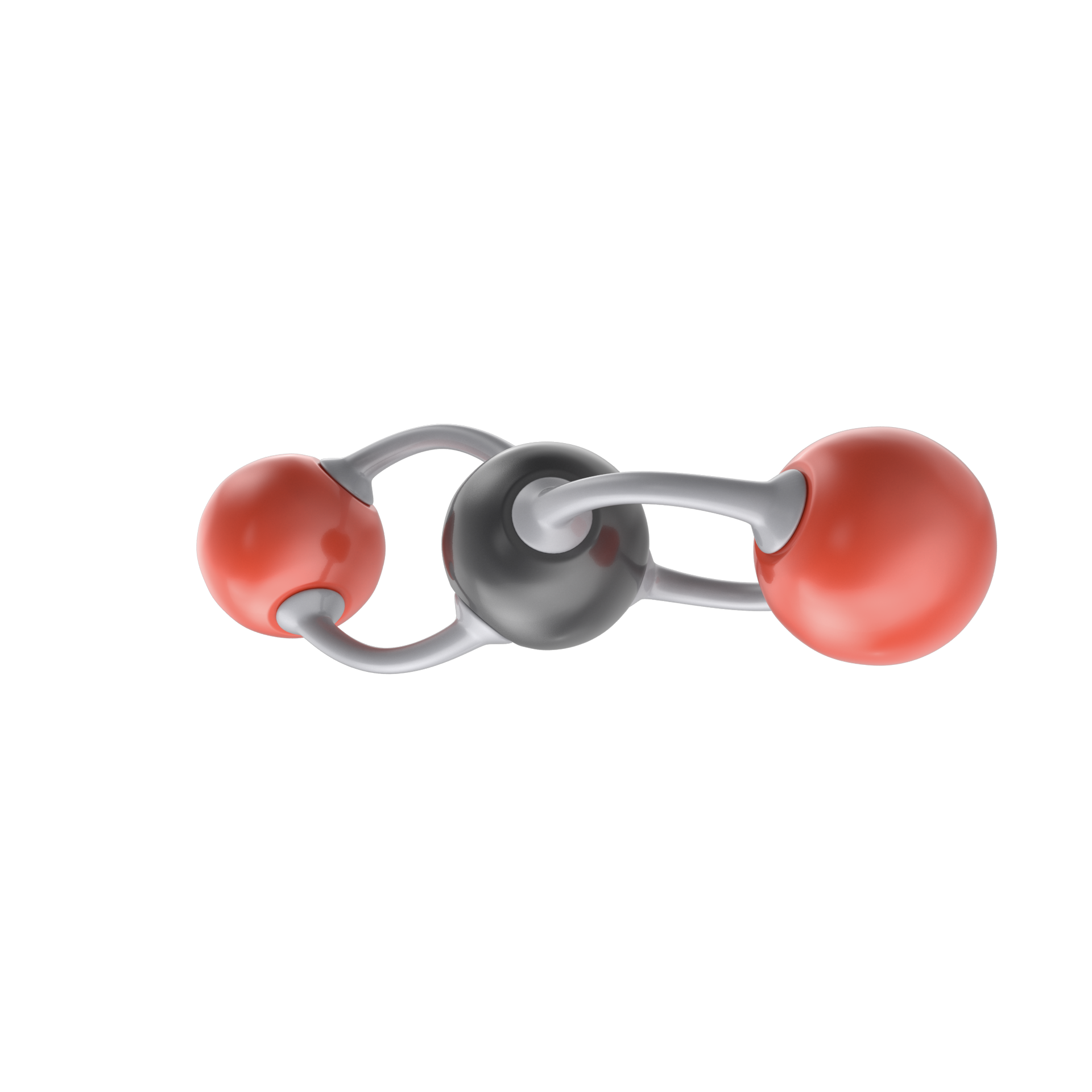 Molecular model of carbon dioxide (CO2). Carbon atom (black) bonded to two oxygen atoms (red).