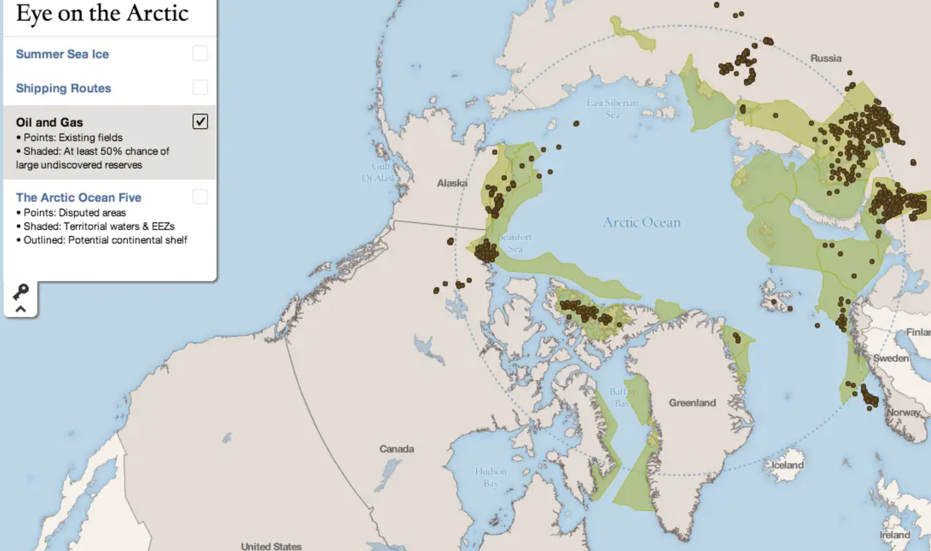 Map of the Arctic, showing oil and gas fields (brown) and potential areas (green).