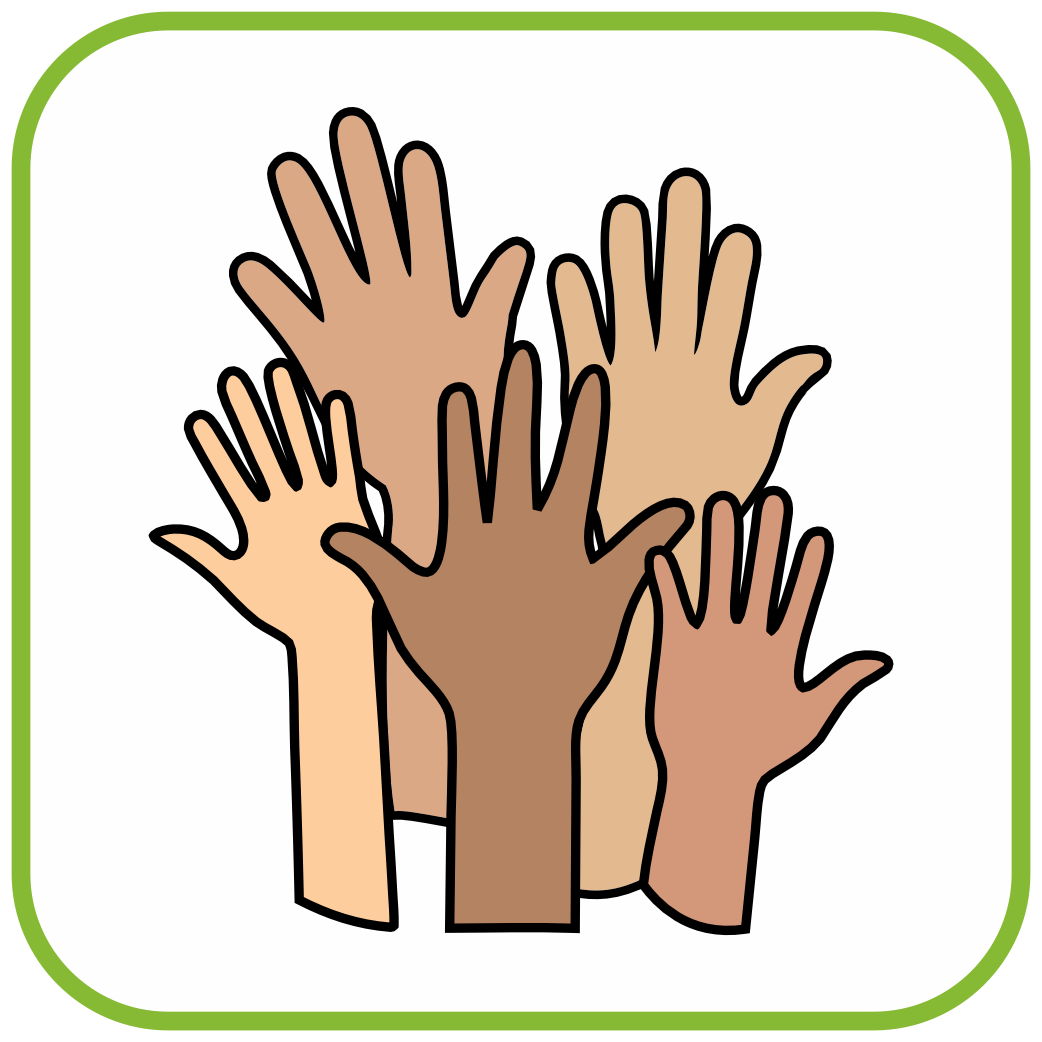 Hands with varying skin tones reaching upwards.