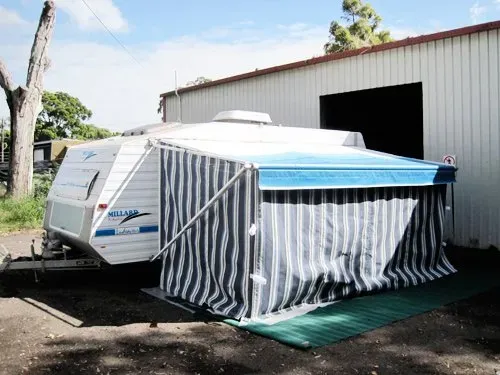 White caravan with black stripe tarp | Heatherbrae, NSW | All Tarps