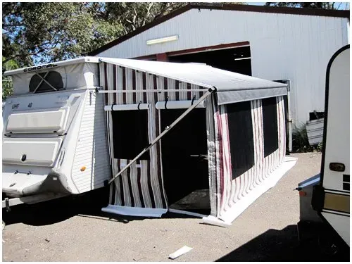 White caravan with red stripe tarp beside | Heatherbrae, NSW | All Tarps