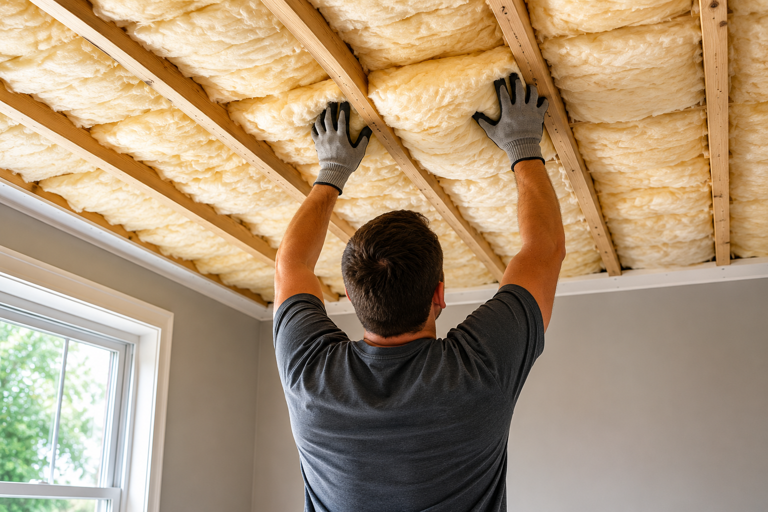 Ceiling insulation installed between exposed ceiling beams inside a residential Massachusetts home.