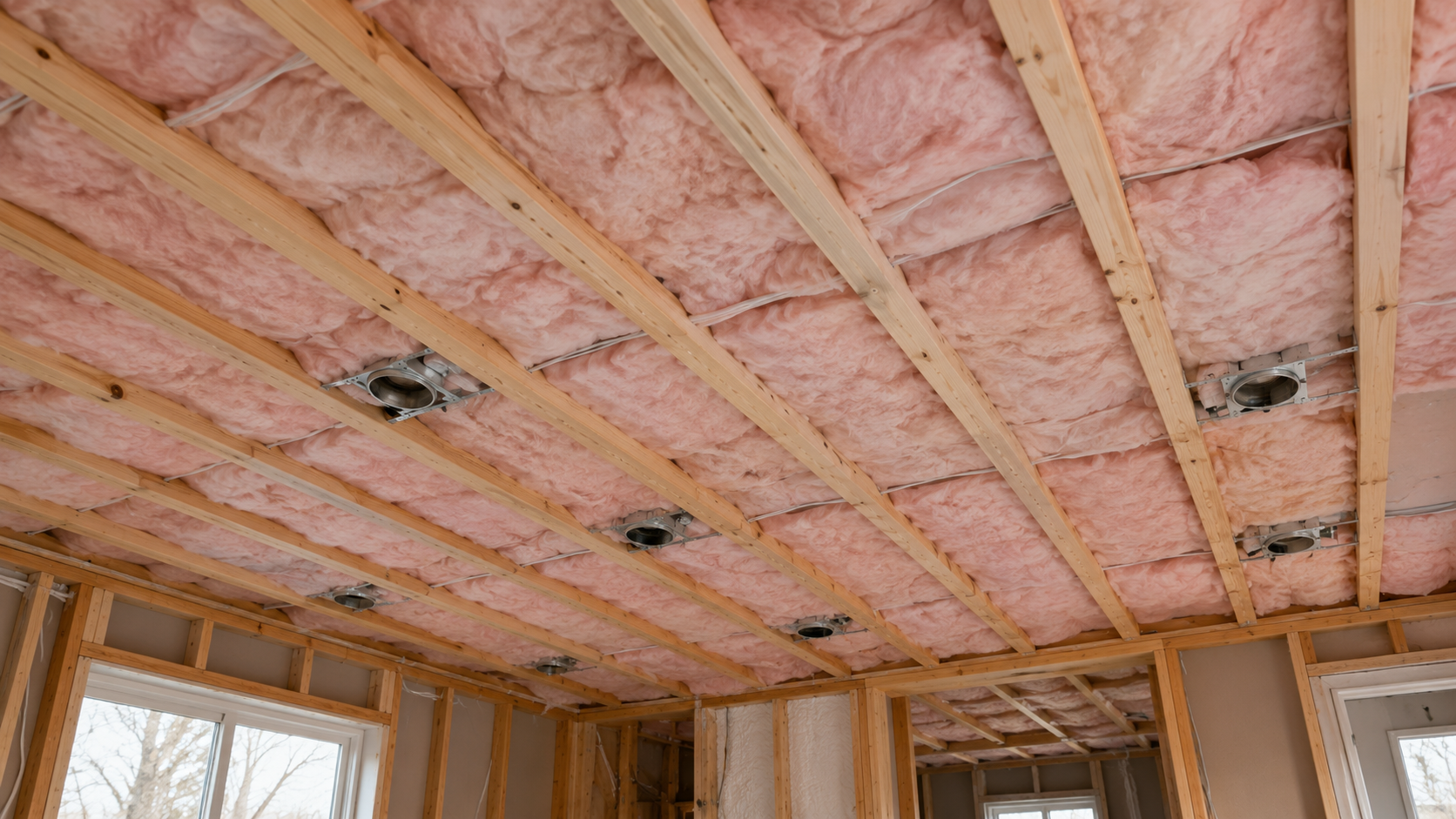 Fiberglass insulation installed between ceiling joists