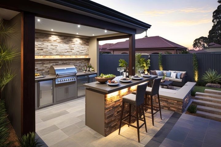 dusk- outdoor island with tall chairs to eat, stainless steel grill against wall, separate seating area with outdoor sofa