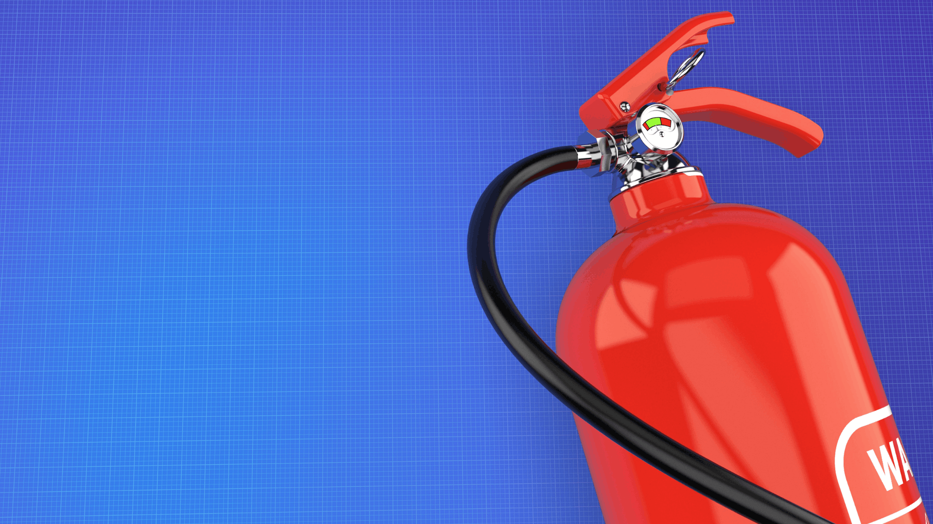Red fire extinguisher with black hose on a blue grid background, handle up — Elibon Solutions in Garbutt, QLD