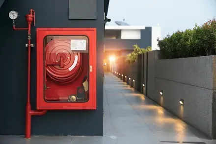Red fire hose cabinet on a dark building wall, next to a lit pathway with landscaping — Elibon Solutions in Garbutt, QLD