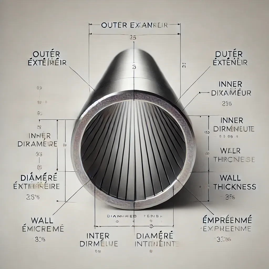 Un dessin d'un tuyau métallique montrant les diamètres extérieur et intérieur