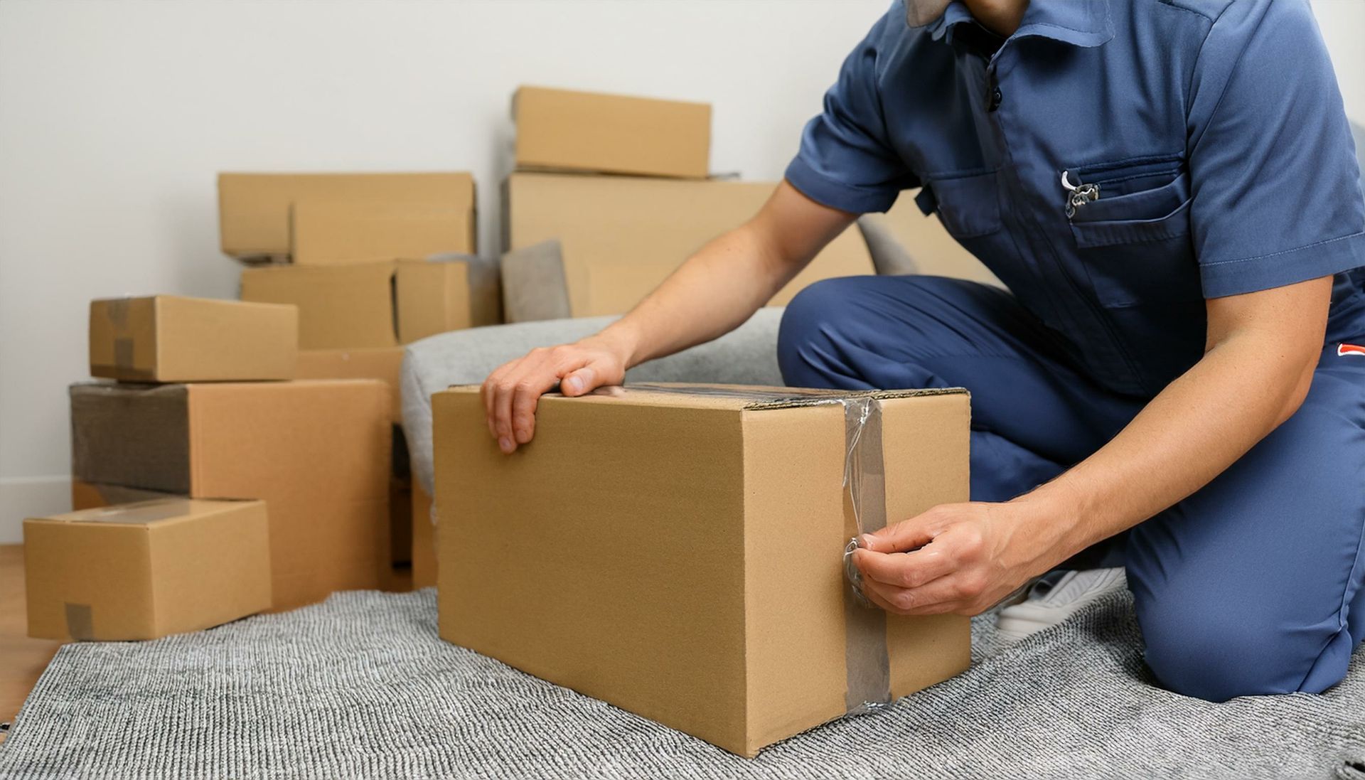 A man is kneeling on the floor wrapping a cardboard box with tape.
