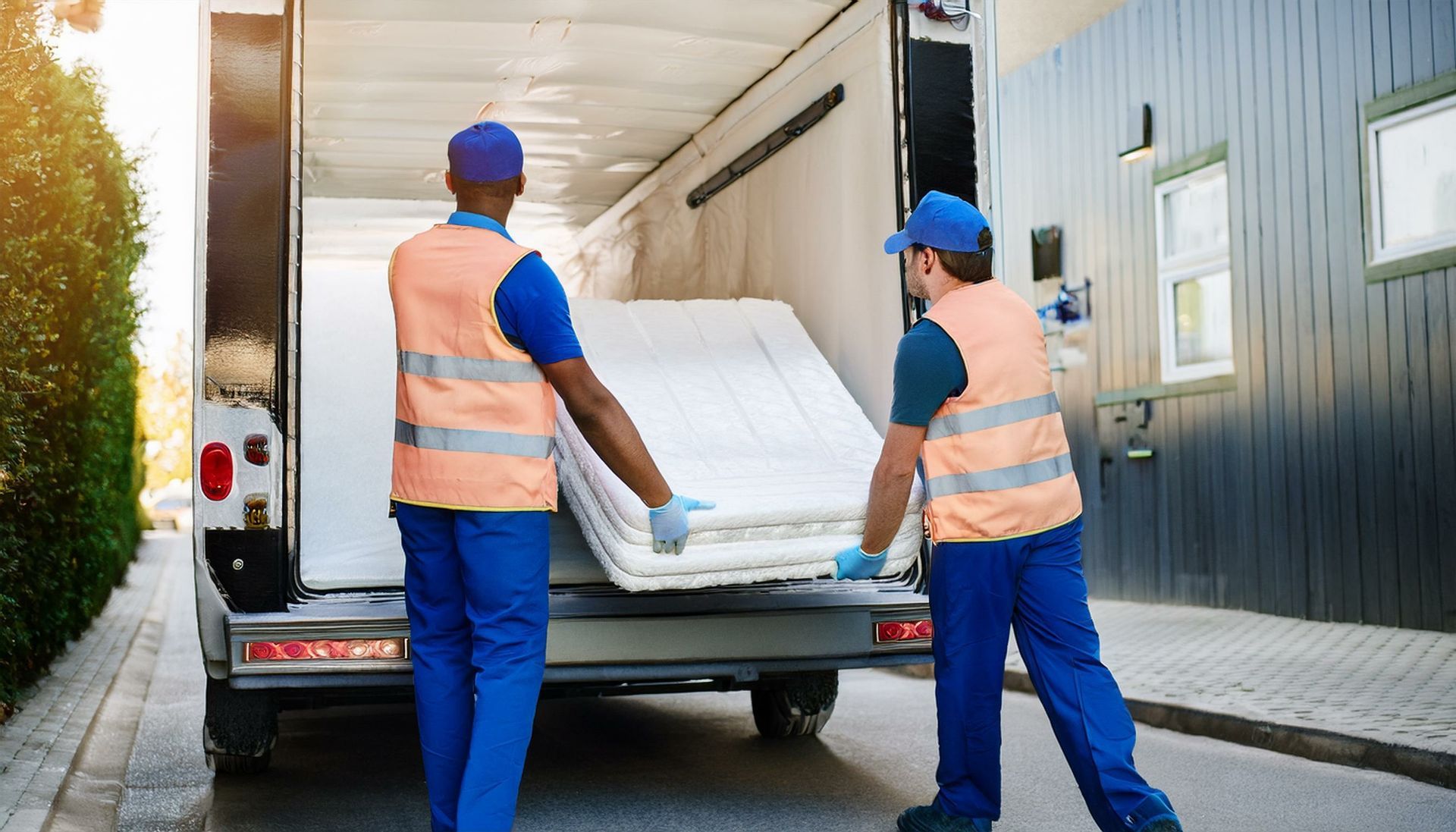 Two men are loading a mattress into the back of a truck.