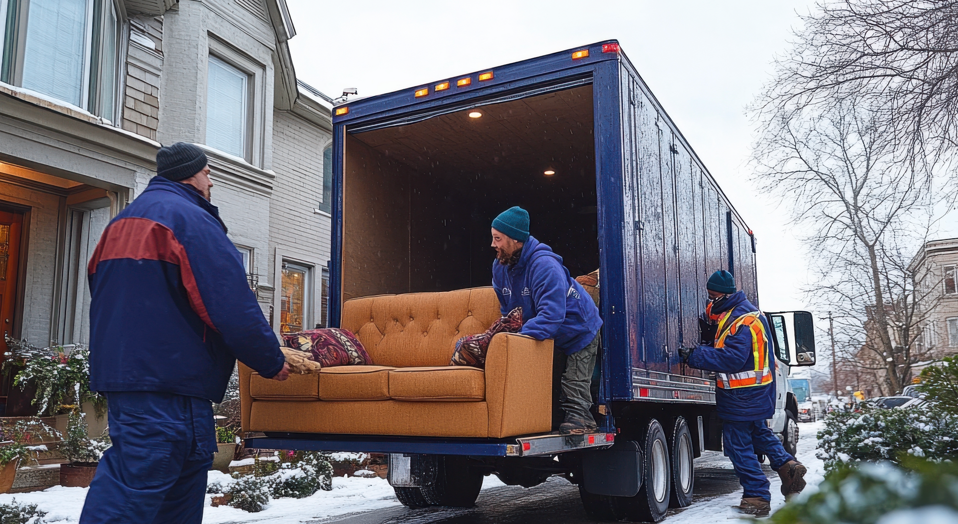 A group of men are loading a couch into a moving truck.