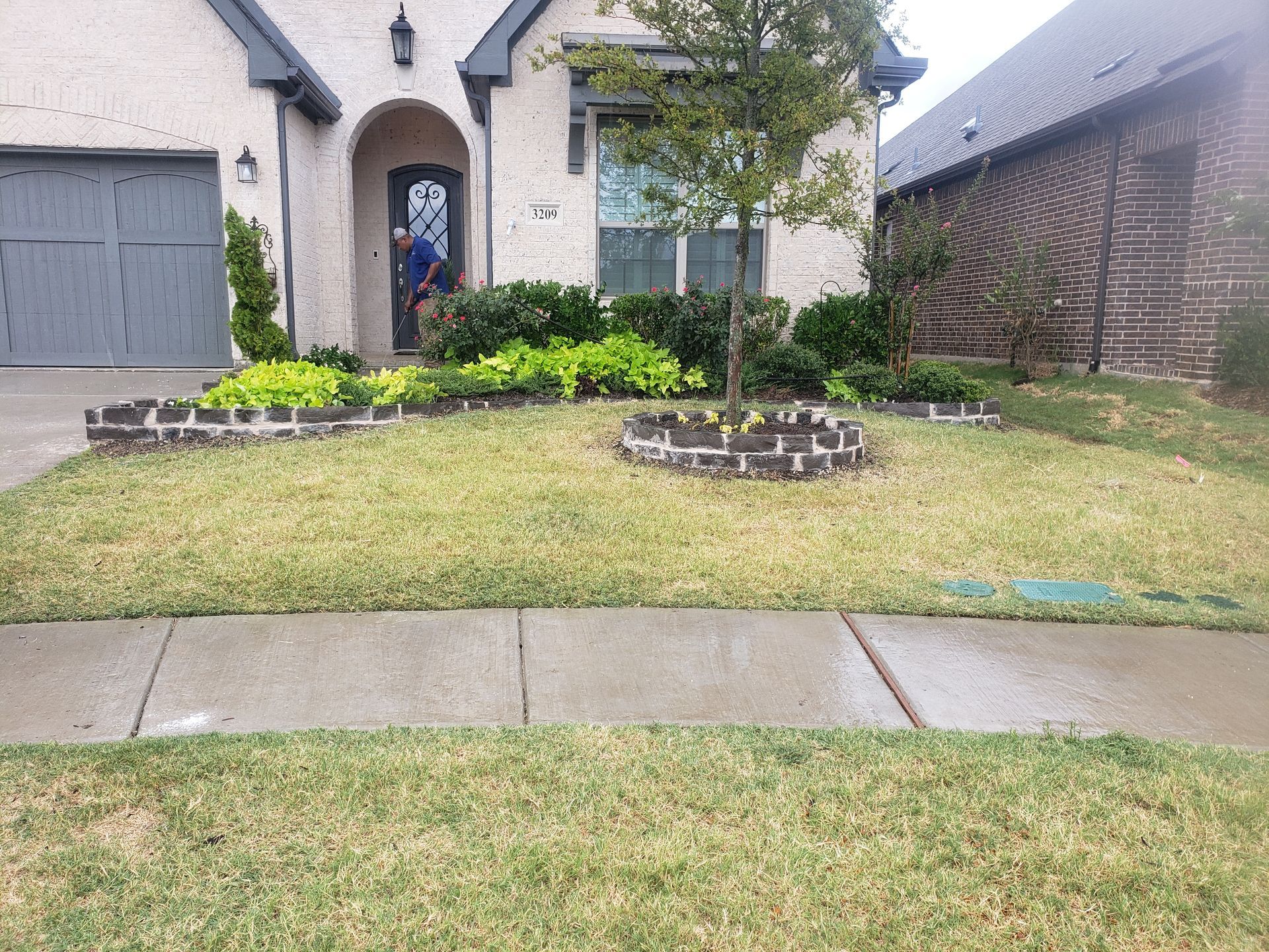 Front of a house with a lawn, flower beds, and a tree. A person is visible in the doorway.