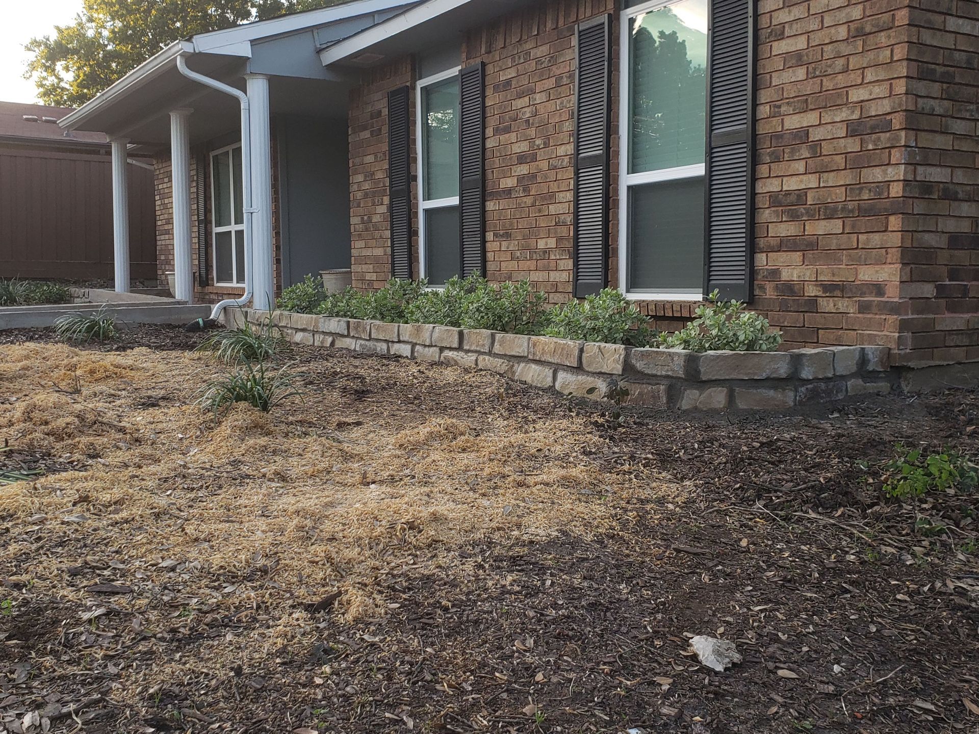 House front yard with dead grass, brick retaining wall, and green plants.