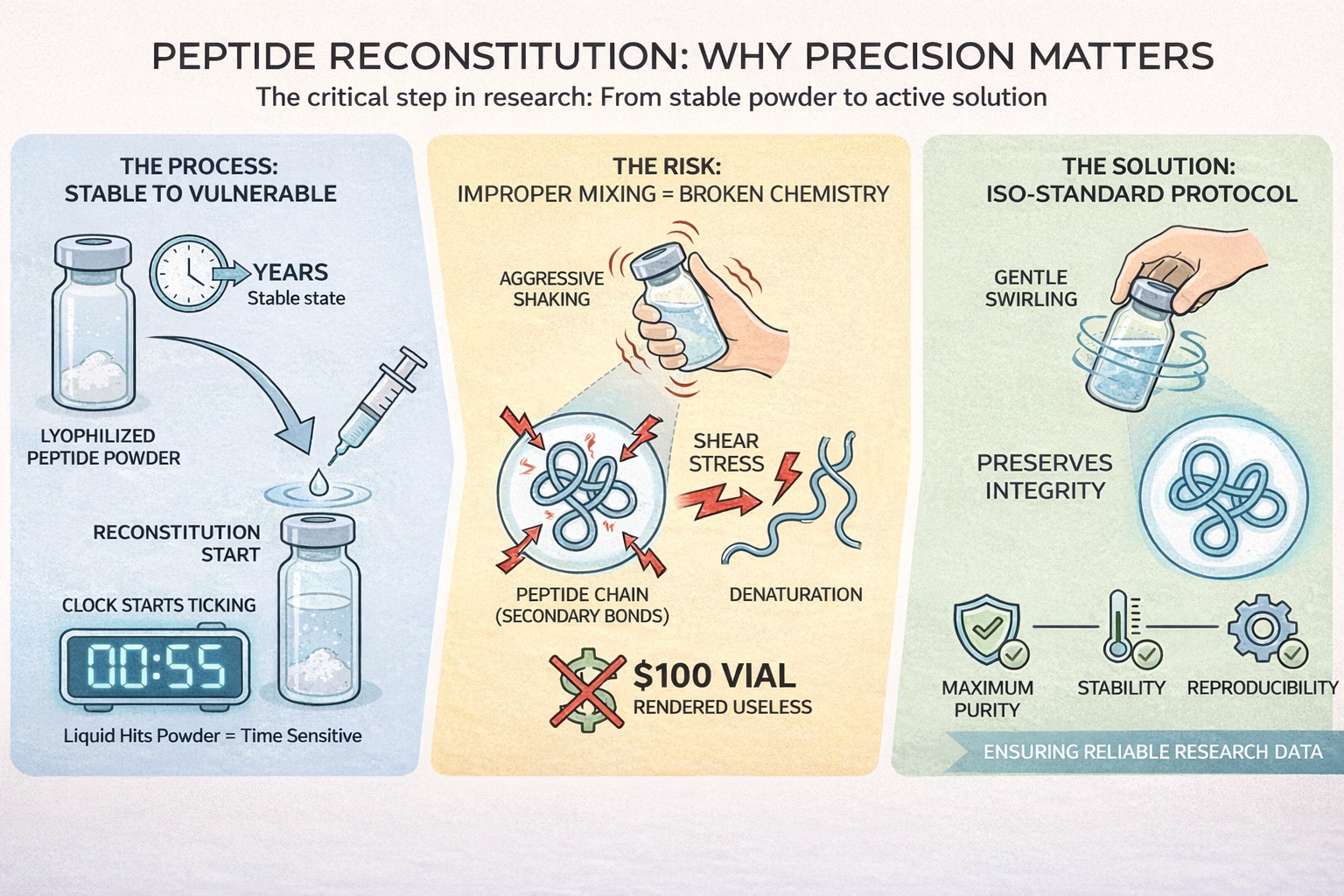 Peptide reconstitution and safe handling reference diagram for laboratory research use
