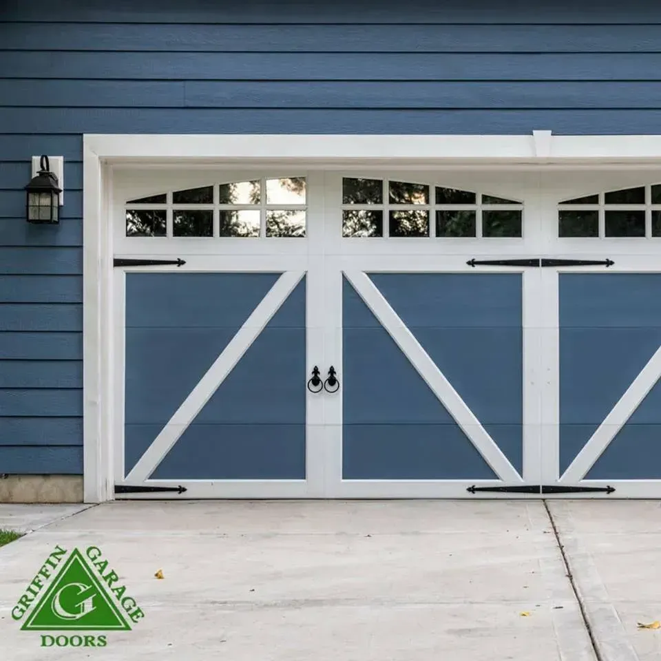 A blue and white garage door from griffin garage doors