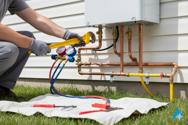 Plumber repairs water heater outside a house, using a wrench and gauges on a lawn.