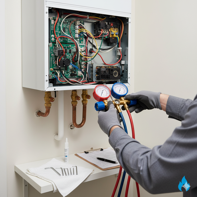 Technician using gauges on a water heater, inside open cabinet with wires and components.