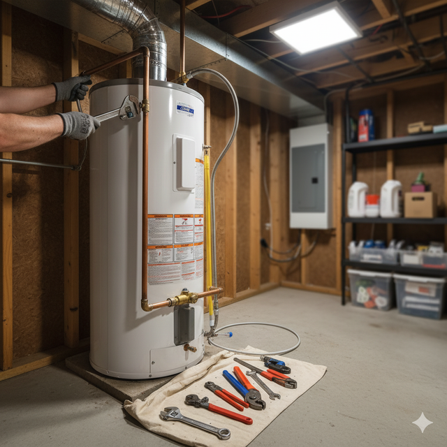 Person working on a water heater in a basement with tools on a towel.