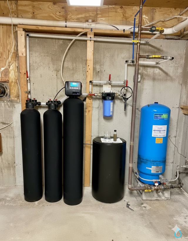 Basement water treatment system with black tanks, blue filter, pressure tank and copper pipes.