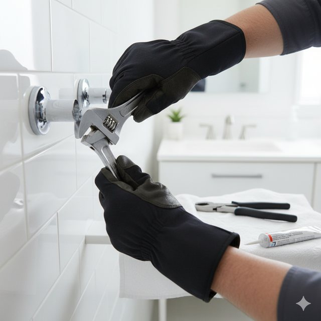 Hands wearing black gloves using a wrench on a bathroom fixture.