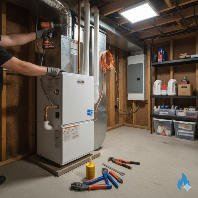 A person installing a furnace in a basement, surrounded by tools and storage shelves.