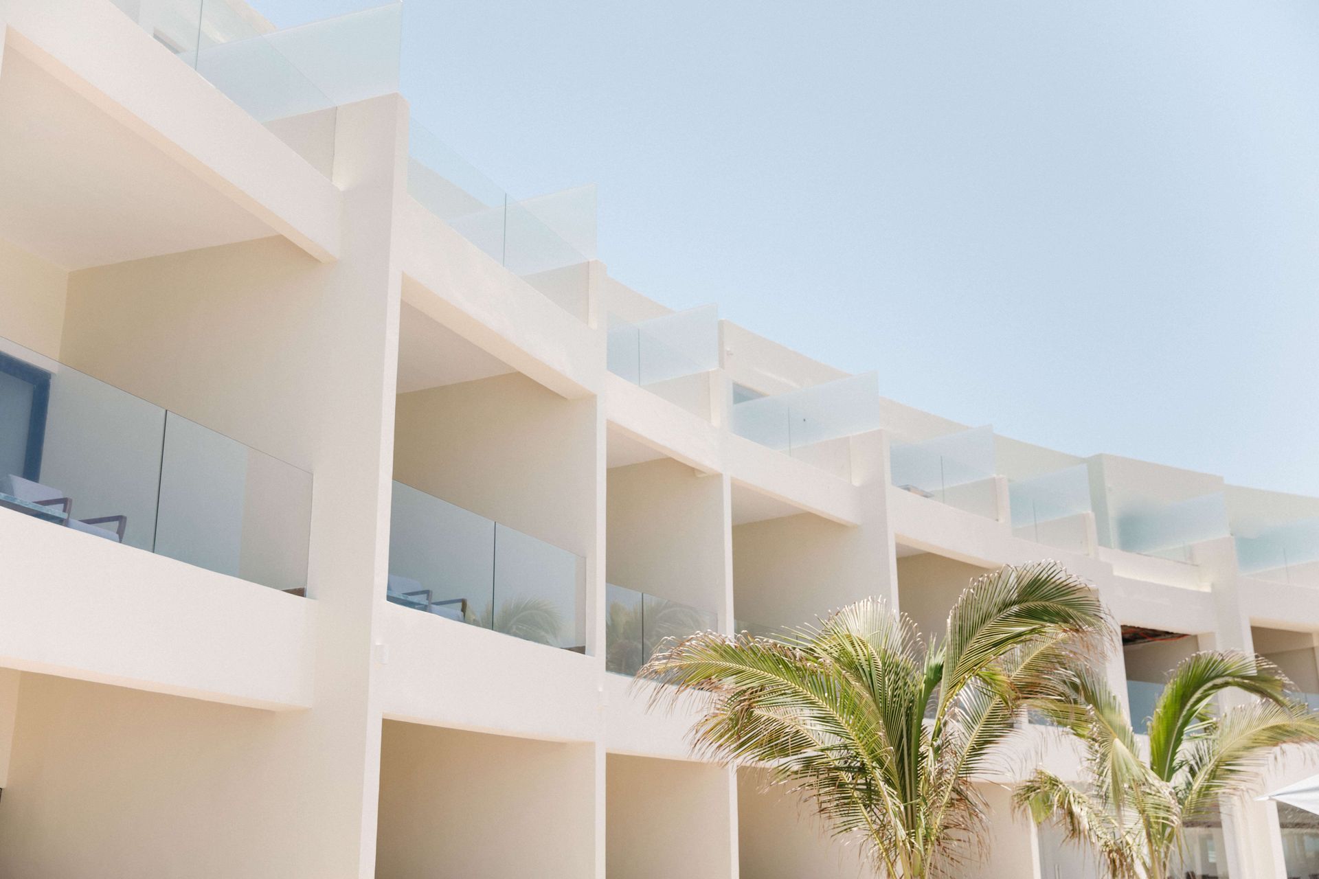 A white building with balconies and a palm tree in front of it.