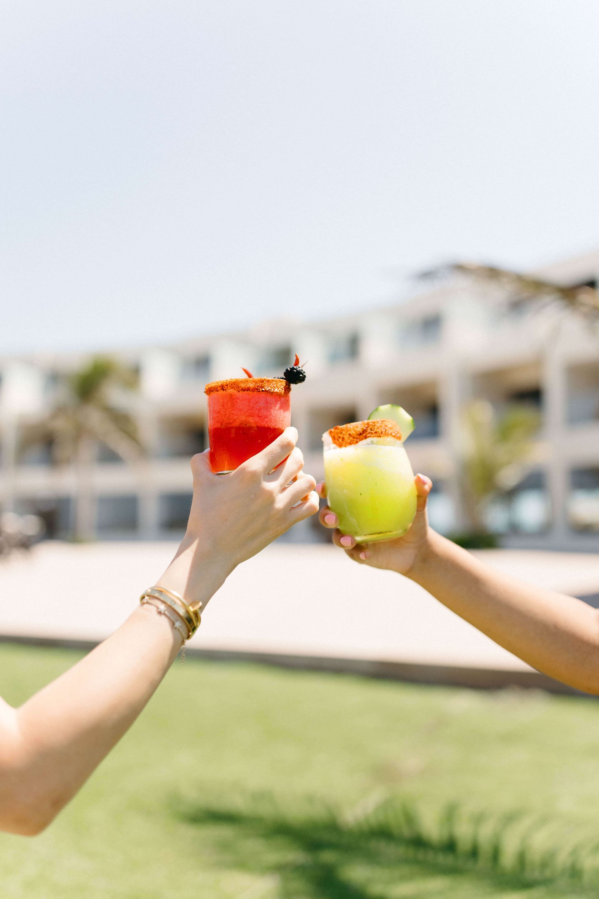 Two people are toasting with drinks in their hands.
