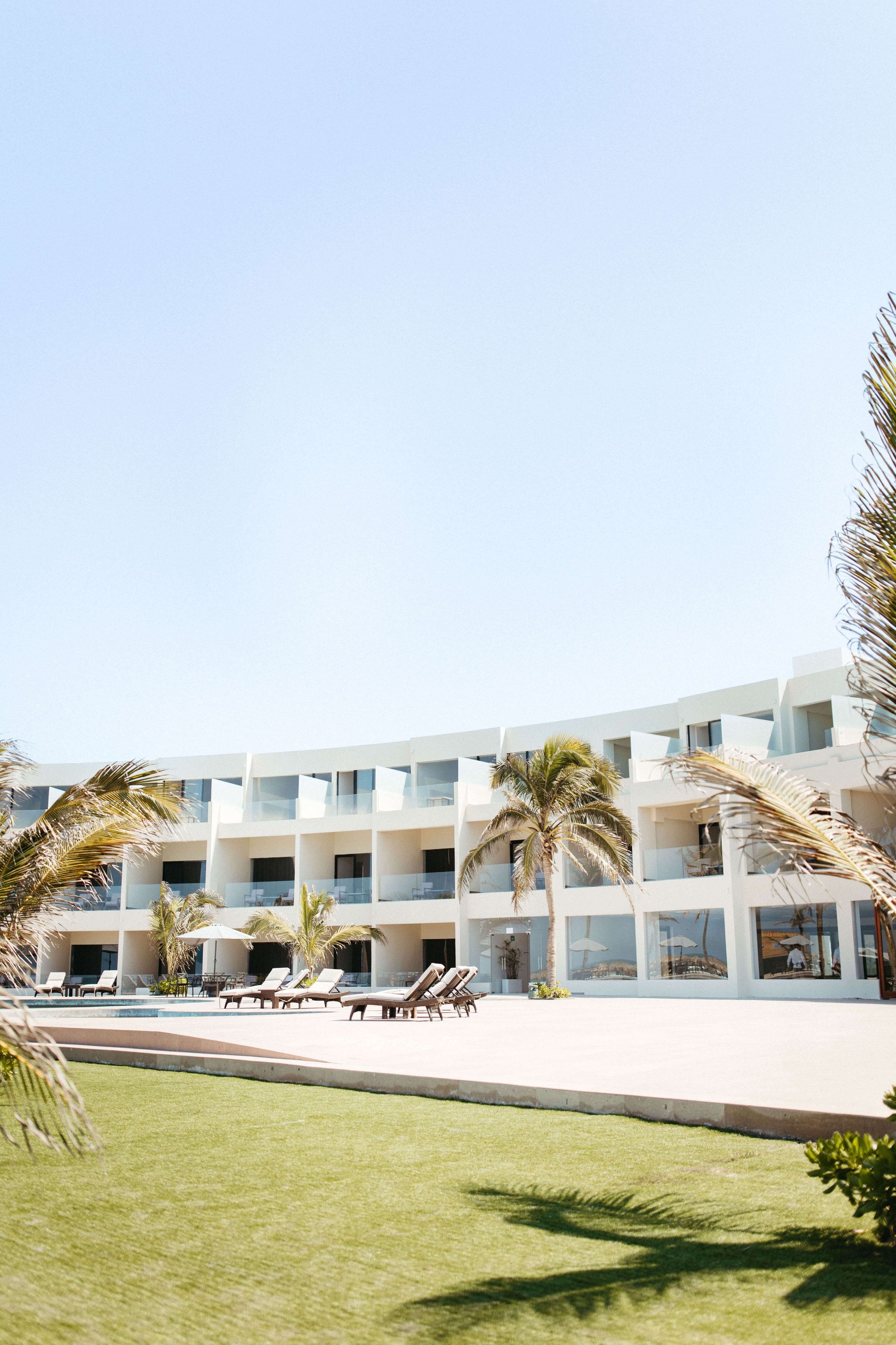 A large white building with palm trees in front of it