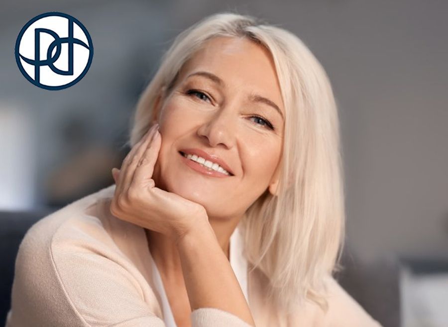 Smiling woman with blonde hair, resting chin on hand. Soft lighting, neutral-toned clothing.