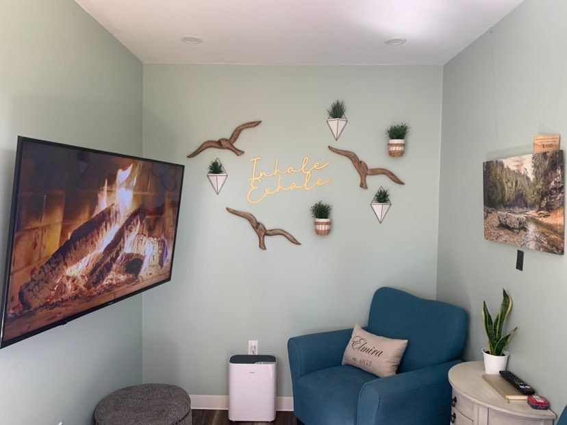 A cozy teal-walled room with a mounted TV, chair, and decorative wall art, including driftwood birds and plants.
