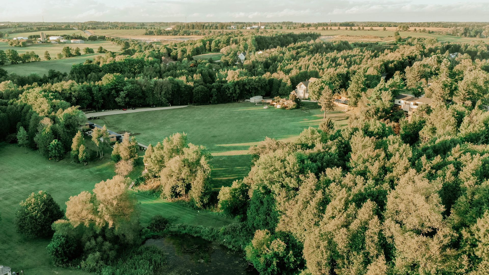 Aerial view of a lush green landscape with trees, fields, and a house, under a slightly hazy sky.