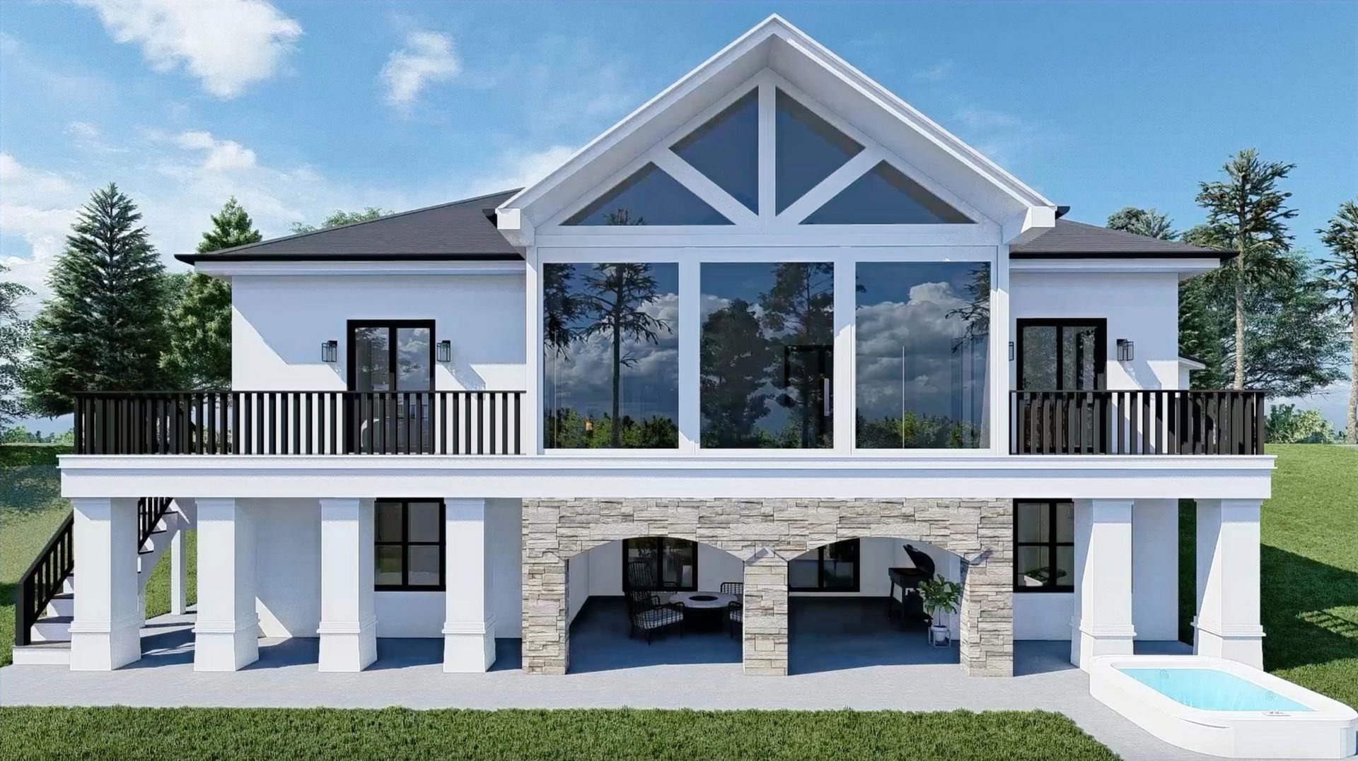 A small house with a wooden deck in front of it