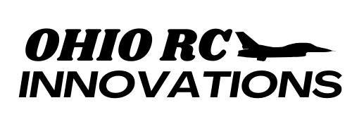 A black and white logo for ohio rc innovations with a plane on it.