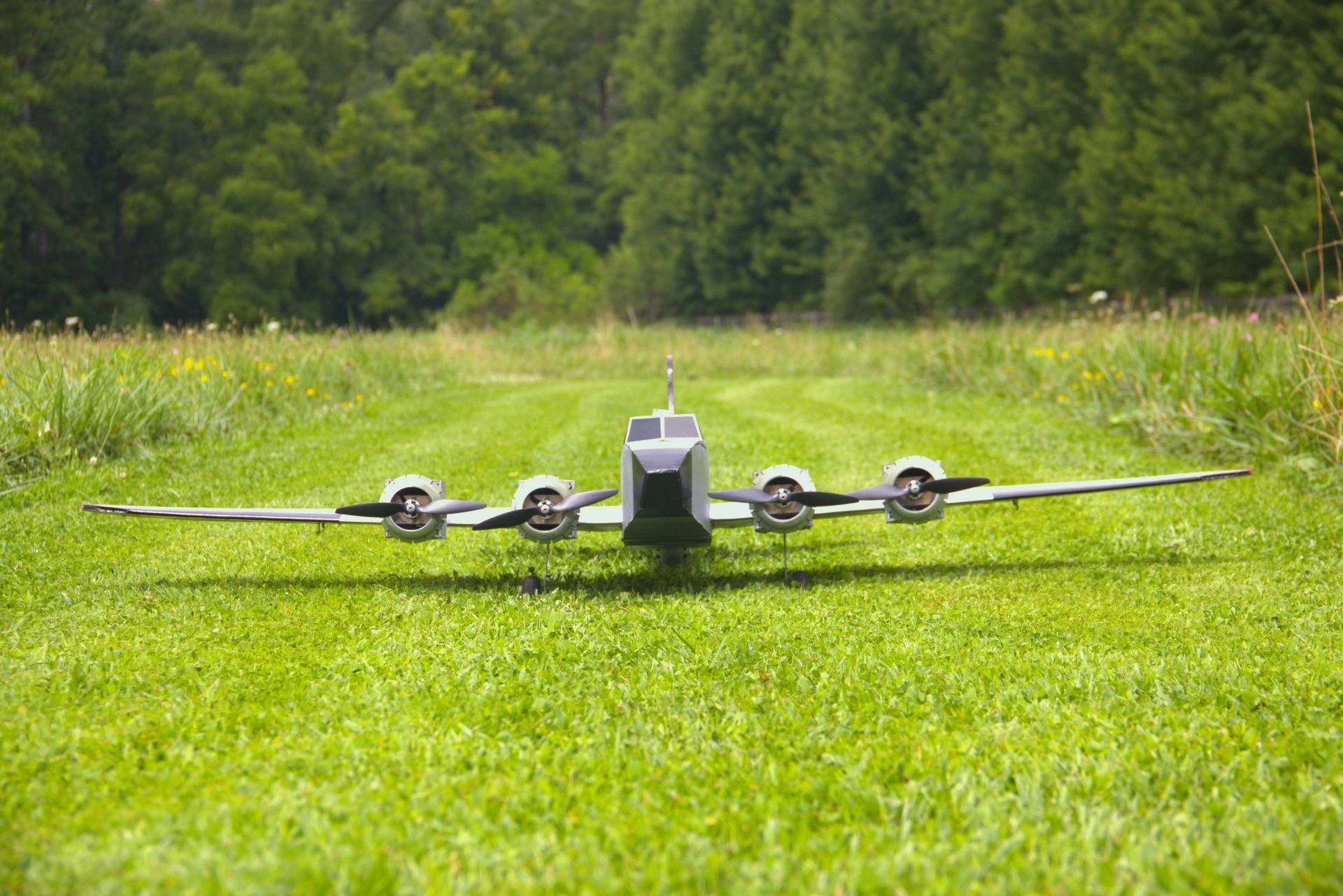 A model airplane is sitting on top of a lush green field.