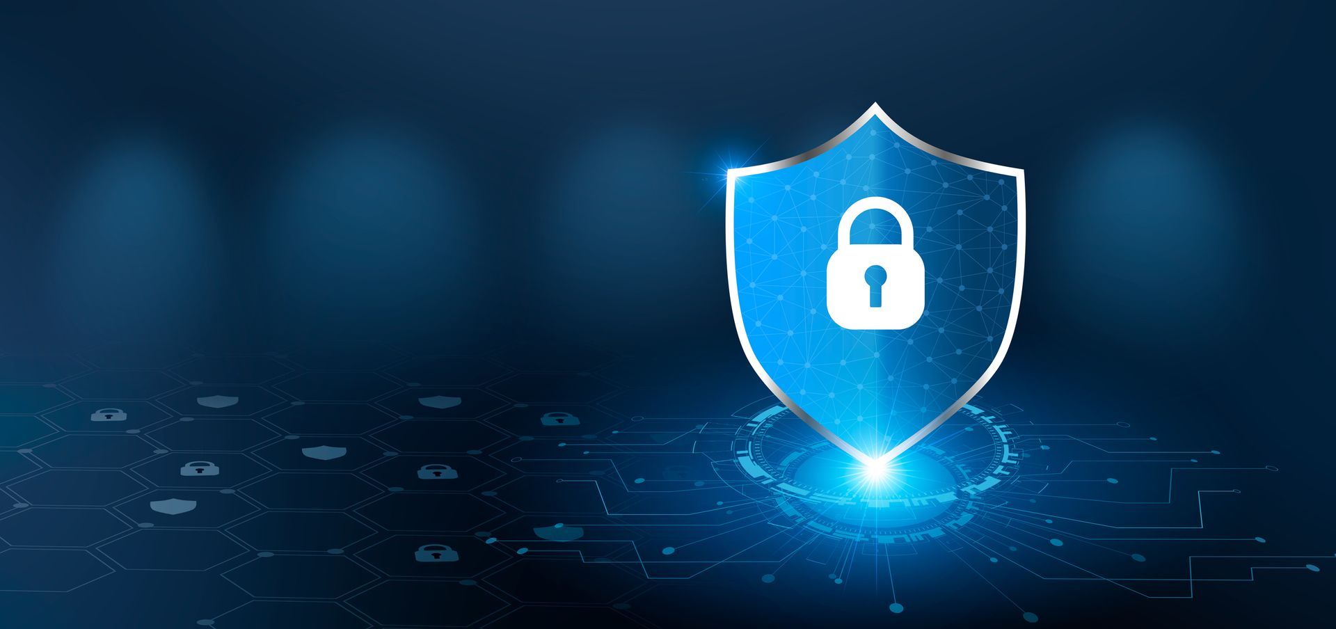 Cybersecurity solutions concept with shield and key icon on blue internet safety background.