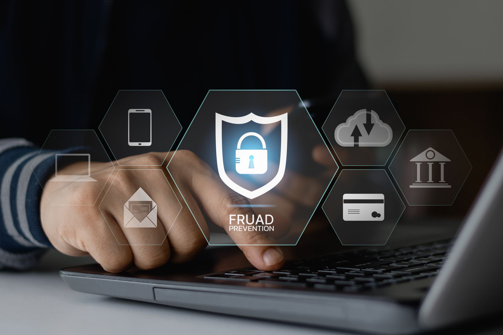 Cybersecurity solutions concept with fraud prevention button guarding against cyberattacks.