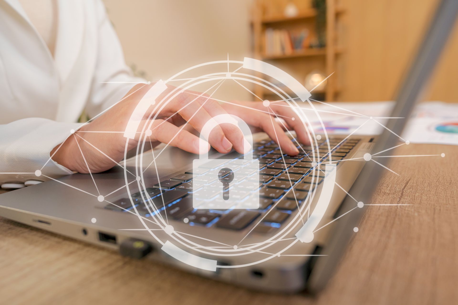 Cybersecurity solutions with virtual lock overlay and woman using computer in the background.