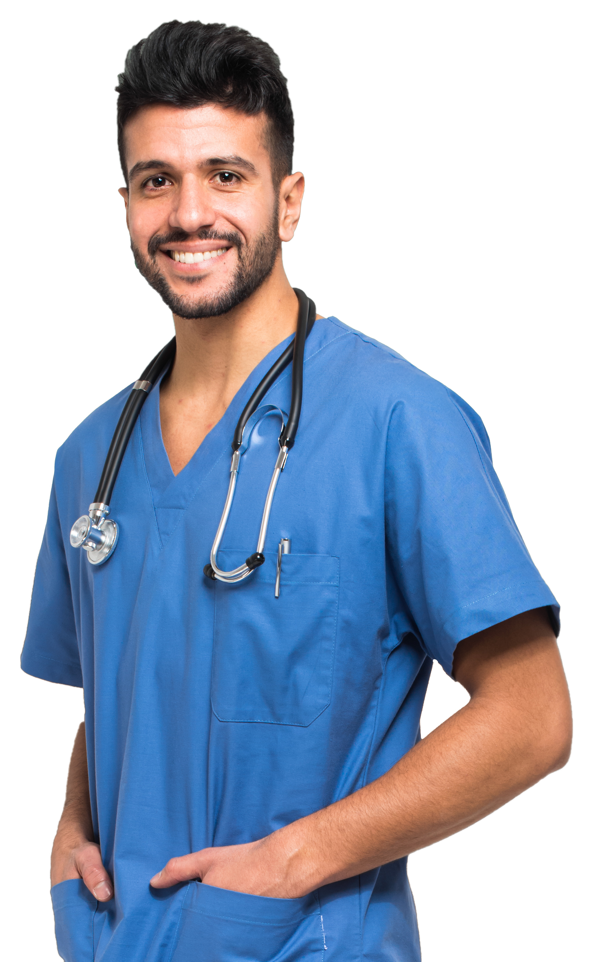 A person wearing blue medical scrubs and a stethoscope smiles