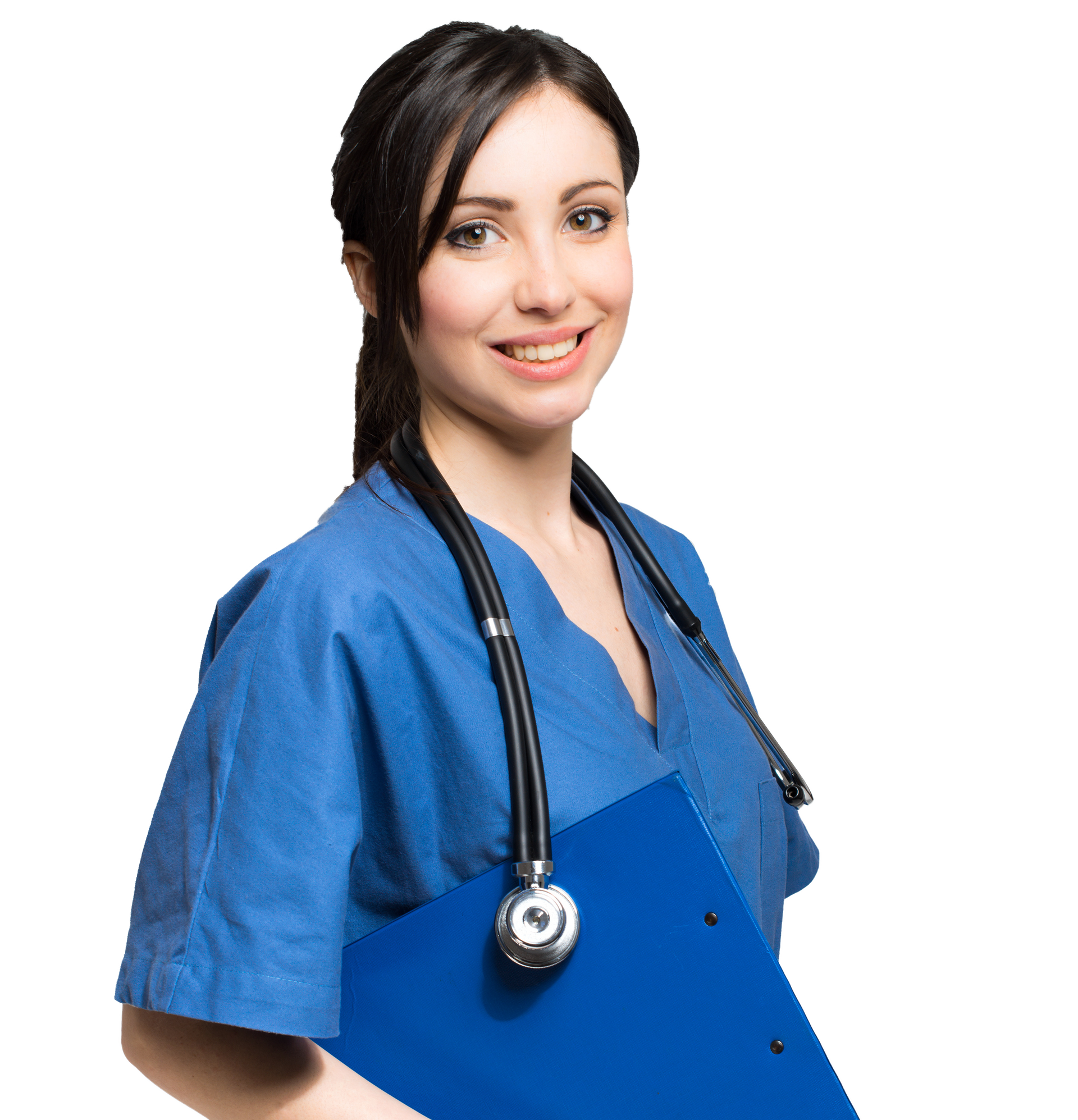 Woman in blue scrubs, smiling, with stethoscope and clipboard Woman in blue scrubs, smiling, with stethoscope and clipboard