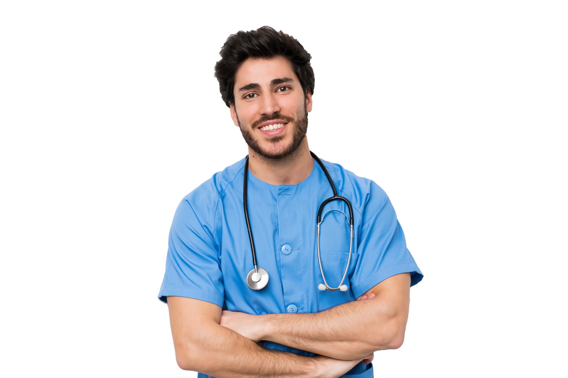 Smiling healthcare worker in blue scrubs with stethoscope, arms crossed