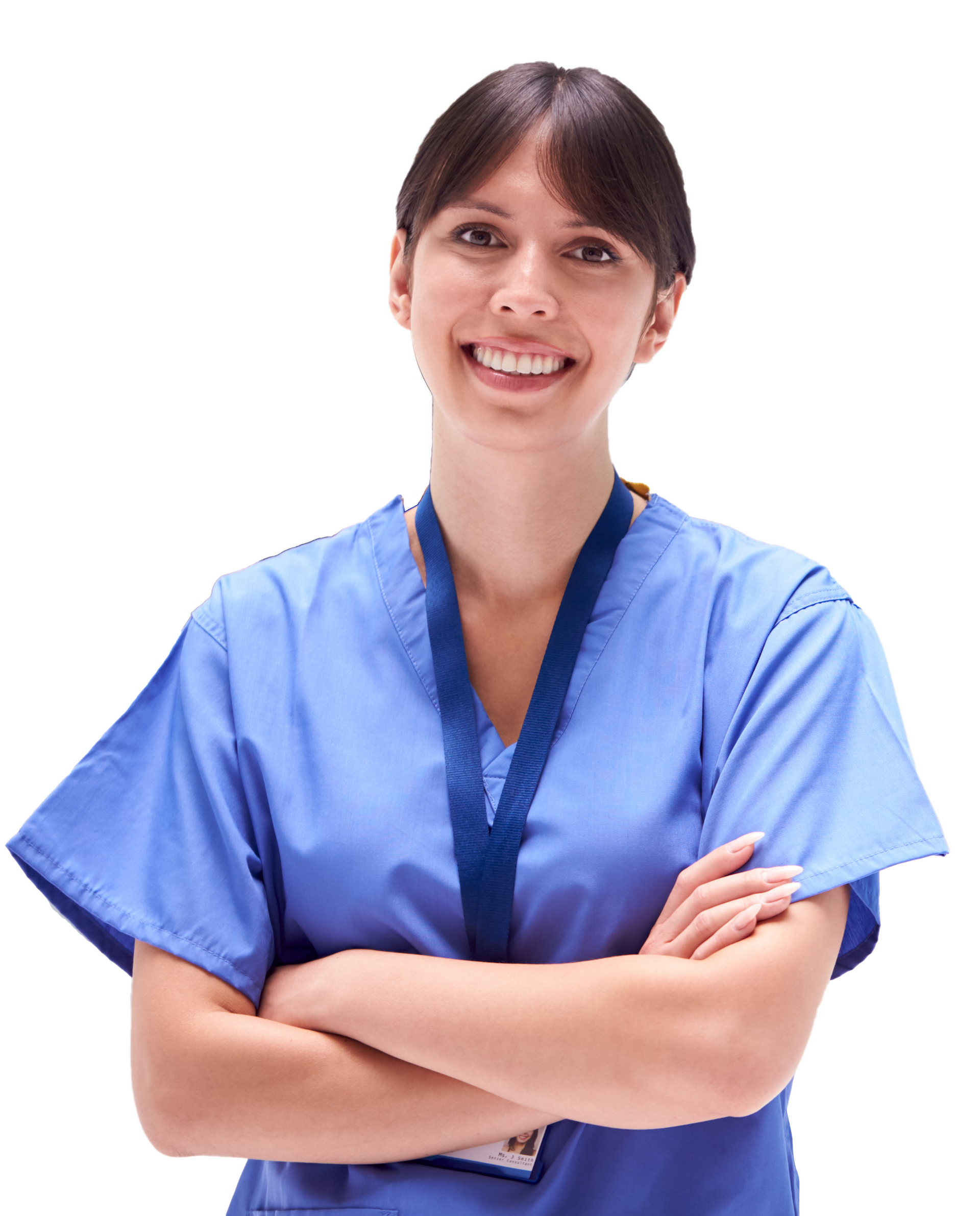 Woman in blue scrubs smiles, arms crossed, wearing a name badge, against a white background Woman in blue scrubs smiles, arms crossed, wearing a name badge, against a white background