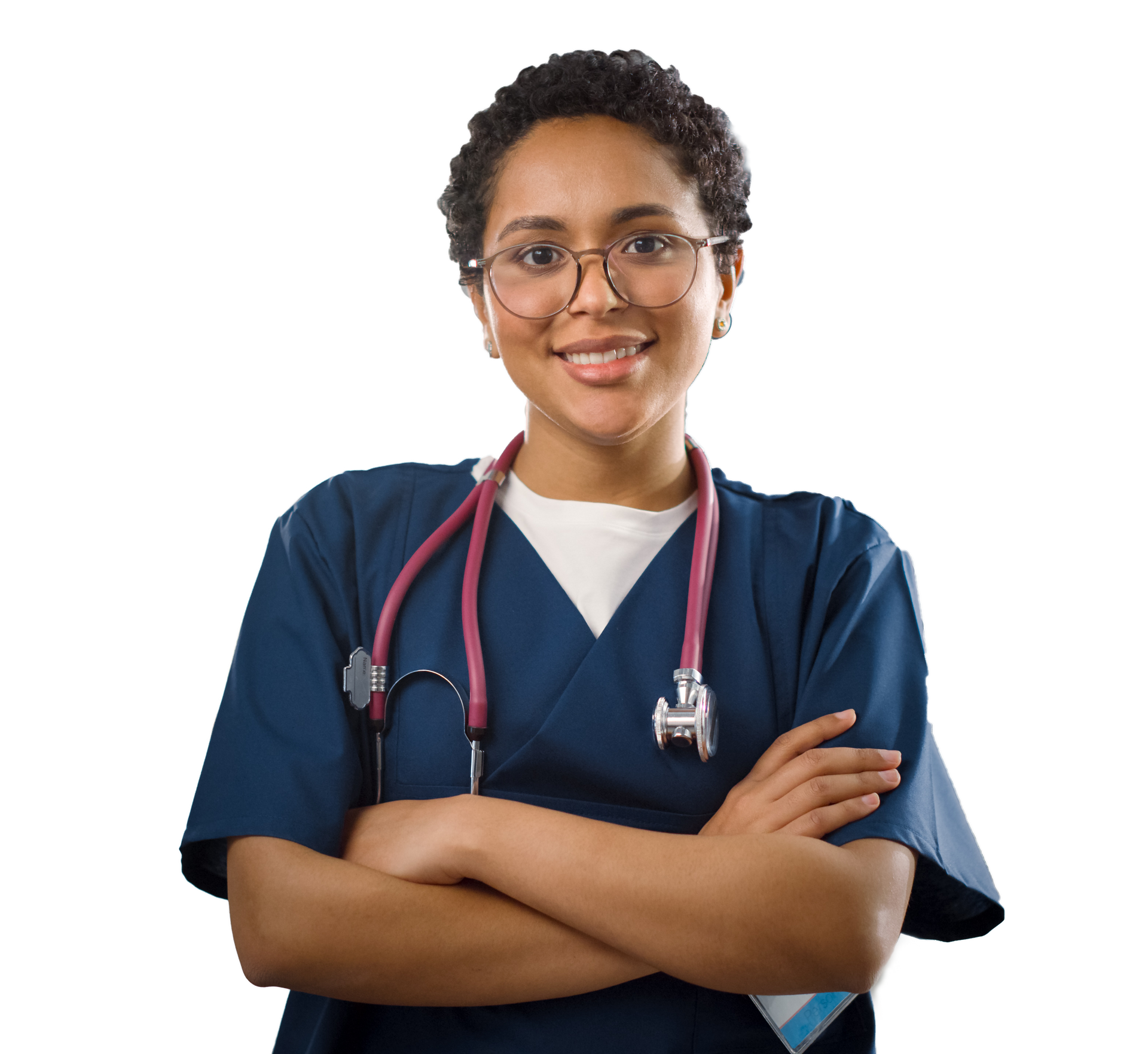 Healthcare worker with crossed arms, wearing scrubs and a stethoscope. Healthcare worker with crossed arms, wearing scrubs and a stethoscope.