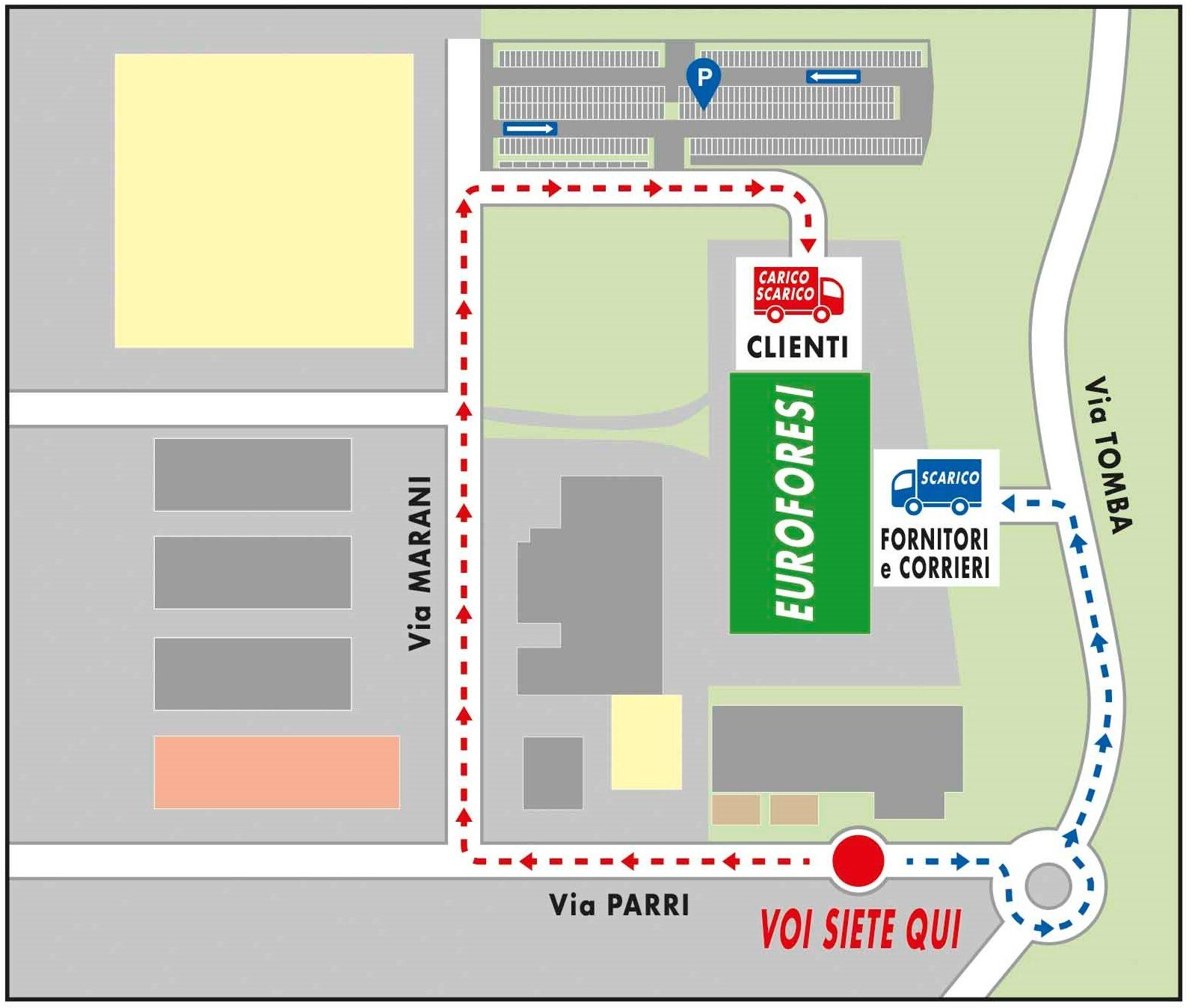Karte mit einer Route nach Euroforest und Wegbeschreibung ab dem Punkt „Sie befinden sich hier“.