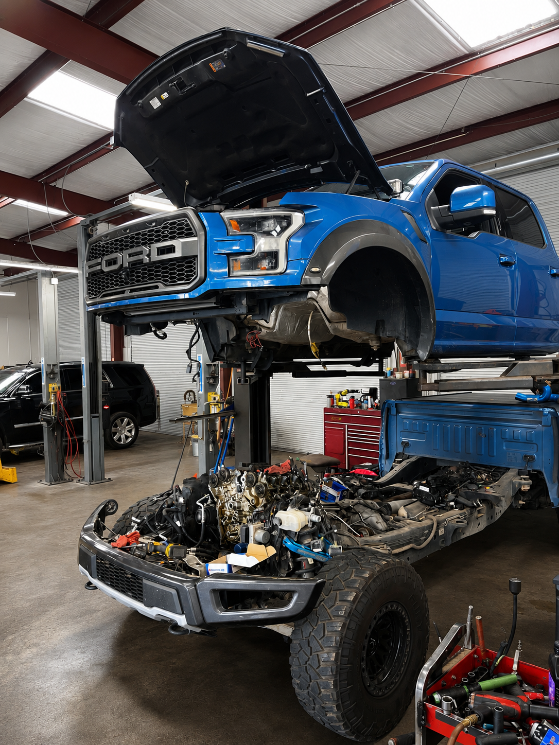 Blue Ford pickup truck being repaired in LaGrange Ga