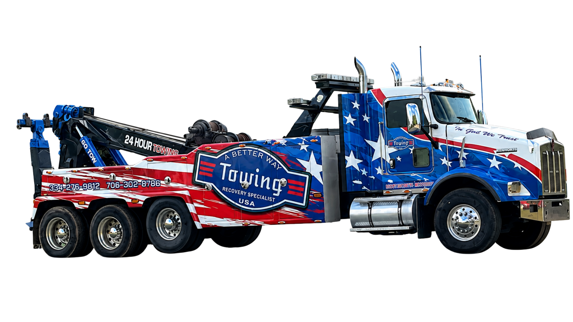 Blue and red tow truck with American flag graphics and towing equipment on a white background