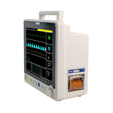 Medical monitor displaying vital signs; white casing, screen shows heart rate, ECG, and other patient data.