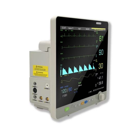 Medical monitor displaying vital signs: heart rate, SpO2, and blood pressure.