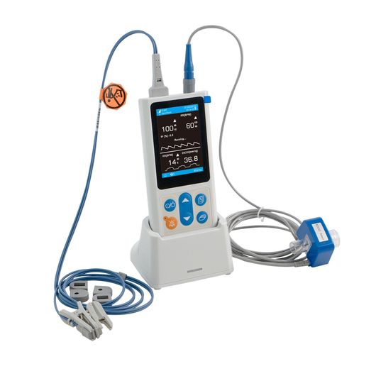 Medical monitor displaying vital signs: heart rate, SpO2, and blood pressure.